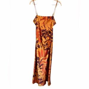 House of Harlow 1960 Tropical Orange & Brown Satin Ruched Slip Dress Size Large